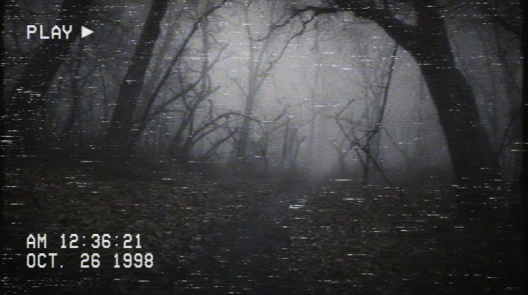 Found footage still: VHS camcorder view through foggy abandoned woods