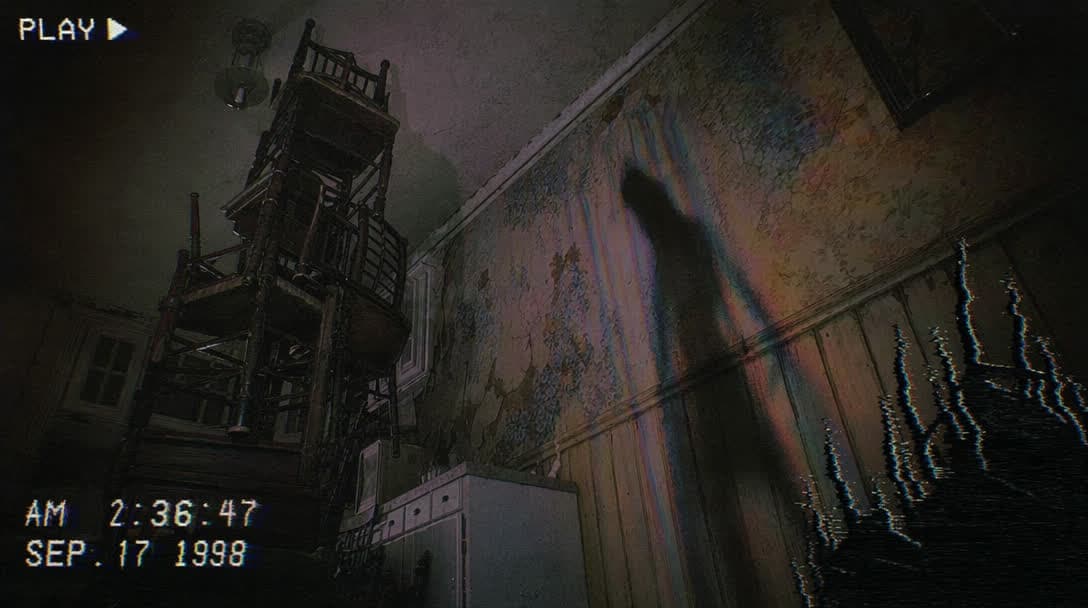 Found footage still: Dutch-angle view of a derelict kitchen with stacked chairs