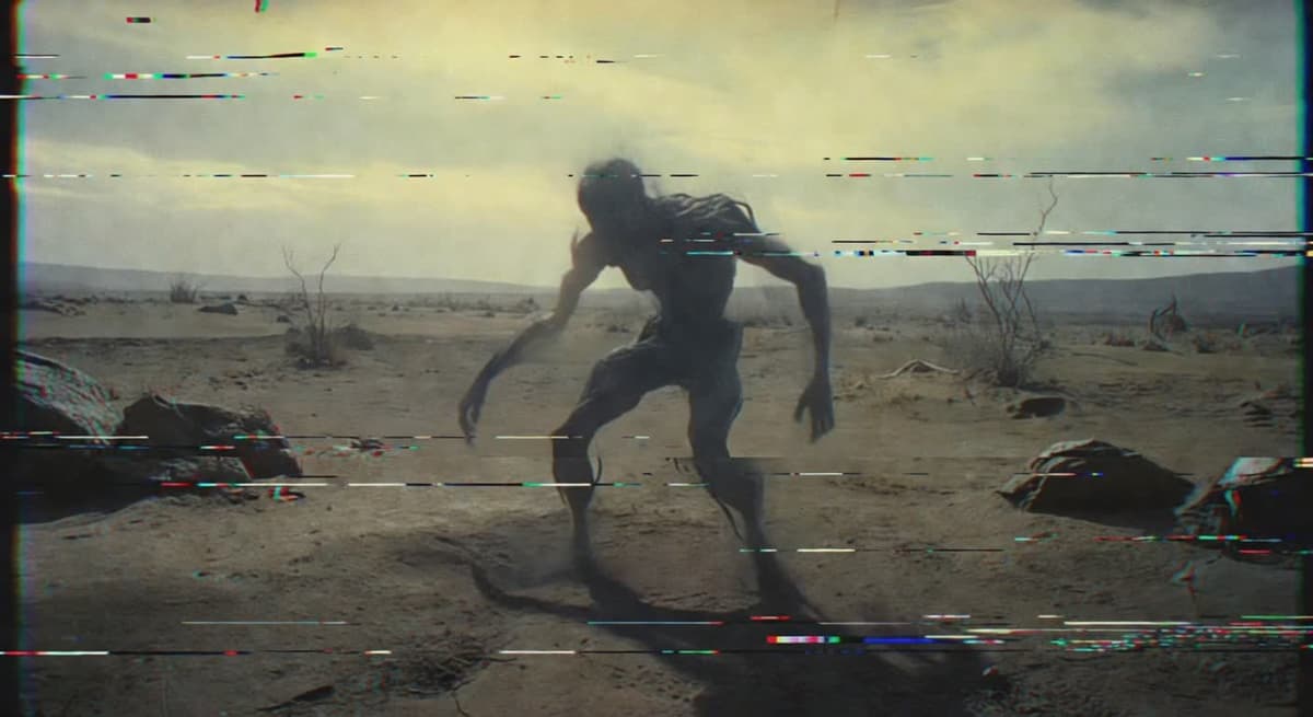 Found footage still: low-fidelity analog camera view of a distorted figure