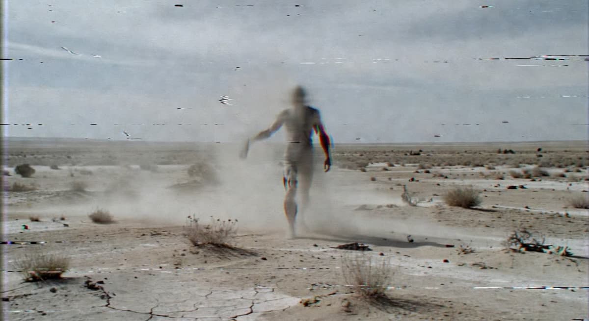 Found footage still: washed-out landscape with a humanoid figure in analog noise